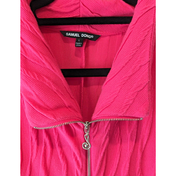 Samuel Dong Jacquard Knit Bubble Hem Zip Dress Sz L Pockets Bright Pink Resort - Picture 3 of 16